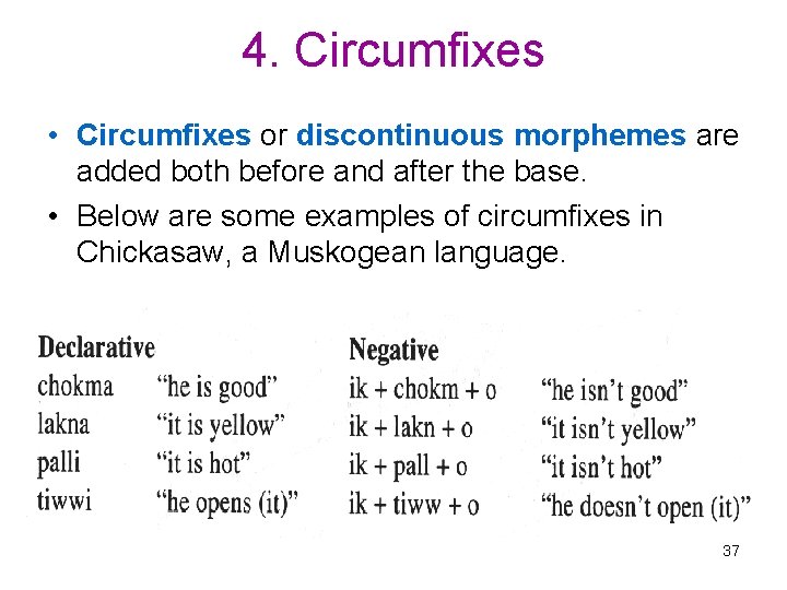 4. Circumfixes • Circumfixes or discontinuous morphemes are added both before and after the