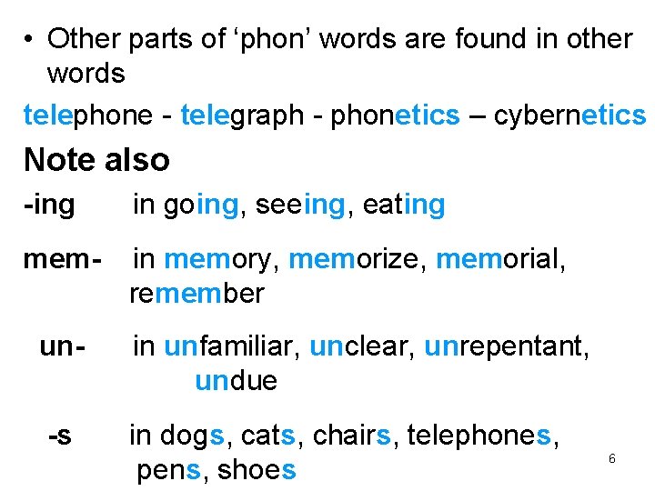 • Other parts of ‘phon’ words are found in other words telephone -