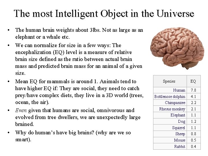 The most Intelligent Object in the Universe • The human brain weights about 3 The most Intelligent Object in the Universe • The human brain weights about 3