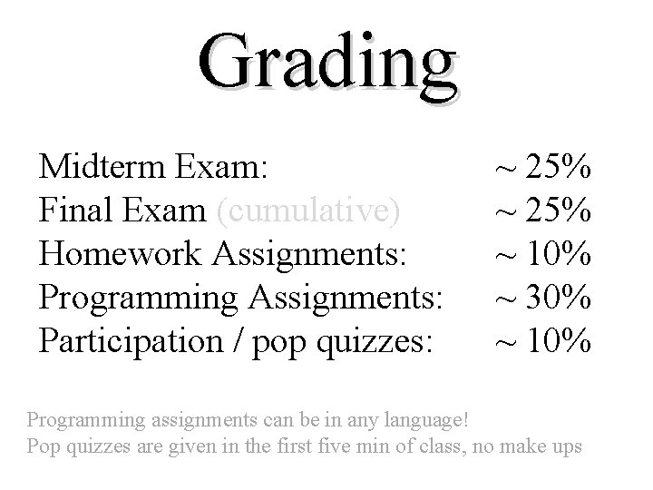 Grading Midterm Exam: Final Exam (cumulative) Homework Assignments: Programming Assignments: Participation / pop quizzes: Grading Midterm Exam: Final Exam (cumulative) Homework Assignments: Programming Assignments: Participation / pop quizzes: