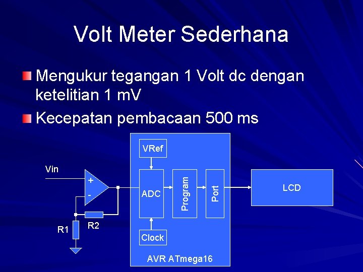 Volt Meter Sederhana Mengukur tegangan 1 Volt dc dengan ketelitian 1 m. V Kecepatan