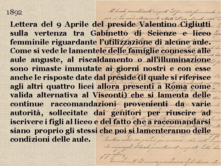 1892 Lettera del 9 Aprile del preside Valentino Cigliutti sulla vertenza tra Gabinetto di