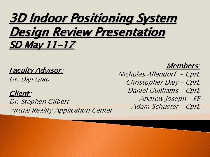 3 D Indoor Positioning System Design Review Presentation SD May 11 -17 Faculty Advisor: