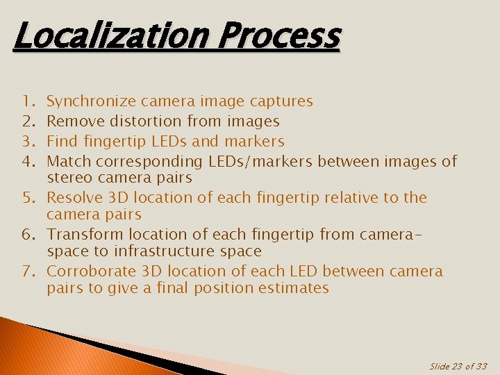 Localization Process 1. 2. 3. 4. Synchronize camera image captures Remove distortion from images