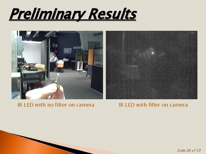 Preliminary Results IR LED with no filter on camera IR LED with filter on