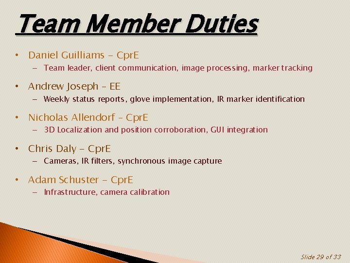 Team Member Duties • Daniel Guilliams - Cpr. E – Team leader, client communication,