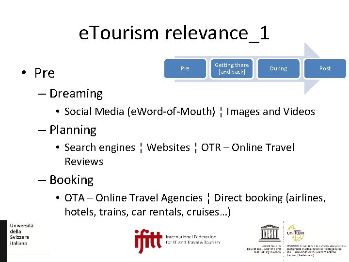 e. Tourism relevance_1 • Pre Getting there [and back] During Post – Dreaming •