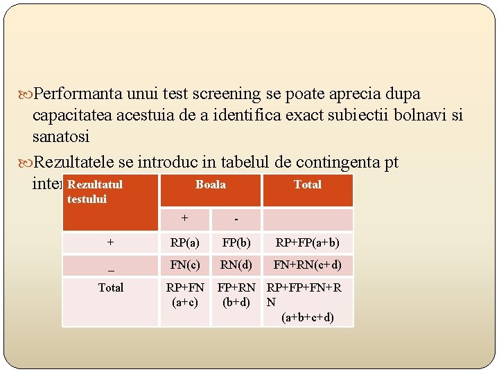  Performanta unui test screening se poate aprecia dupa capacitatea acestuia de a identifica