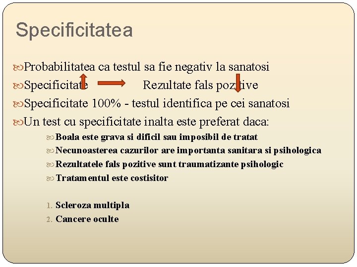 Specificitatea Probabilitatea ca testul sa fie negativ la sanatosi Specificitate Rezultate fals pozitive Specificitate