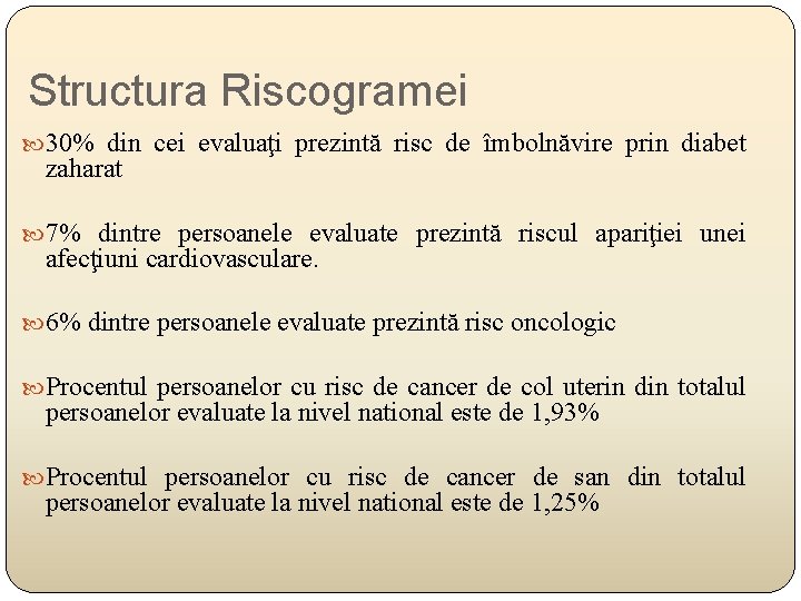 Structura Riscogramei 30% din cei evaluaţi prezintă risc de îmbolnăvire prin diabet zaharat 7%