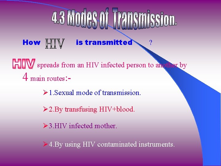 How is transmitted ? spreads from an HIV infected person to another by 4