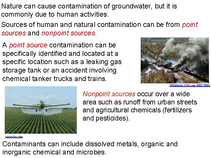 Nature can cause contamination of groundwater, but it is commonly due to human activities. Nature can cause contamination of groundwater, but it is commonly due to human activities.