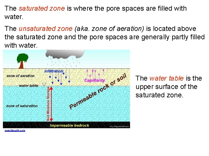 The saturated zone is where the pore spaces are filled with water. The unsaturated
