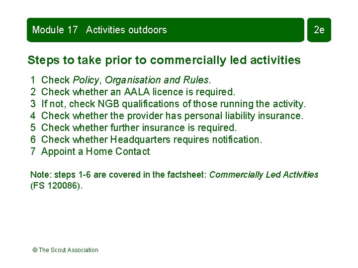 Module 17 Activities outdoors 2 e Steps to take prior to commercially led activities