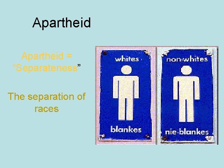 Apartheid = “Separateness” The separation of races 