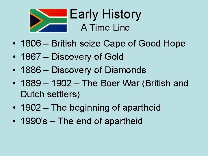Early History A Time Line • • 1806 – British seize Cape of Good