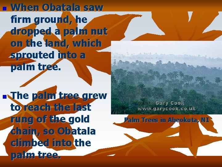 n n When Obatala saw firm ground, he dropped a palm nut on the