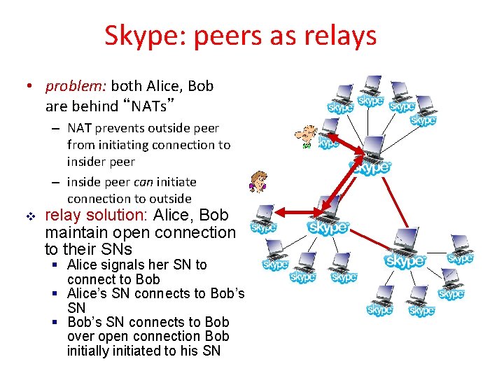 Skype: peers as relays • problem: both Alice, Bob are behind “NATs” – NAT
