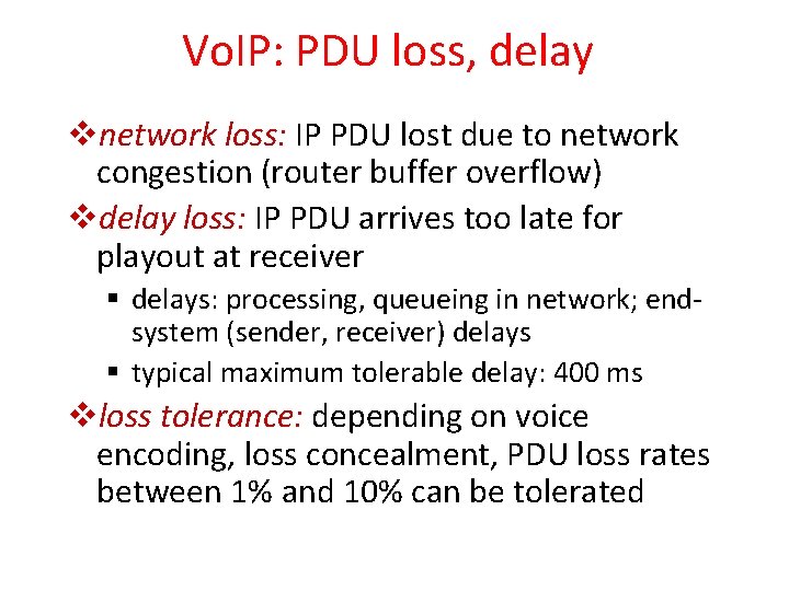 Vo. IP: PDU loss, delay vnetwork loss: IP PDU lost due to network congestion Vo. IP: PDU loss, delay vnetwork loss: IP PDU lost due to network congestion