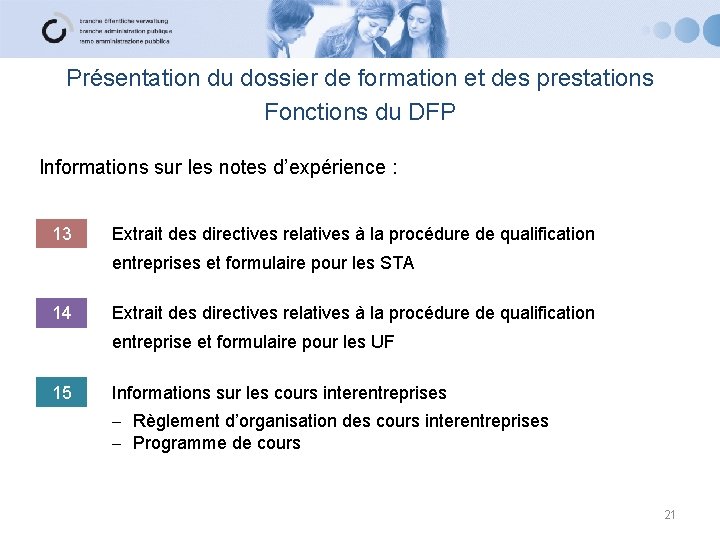 Présentation du dossier de formation et des prestations Fonctions du DFP Informations sur les