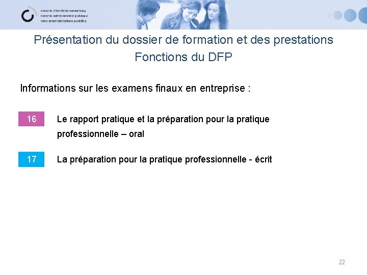 Présentation du dossier de formation et des prestations Fonctions du DFP Informations sur les