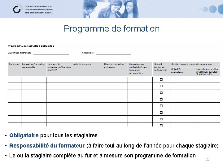 Programme de formation • Obligatoire pour tous les stagiaires • Responsabilité du formateur (à