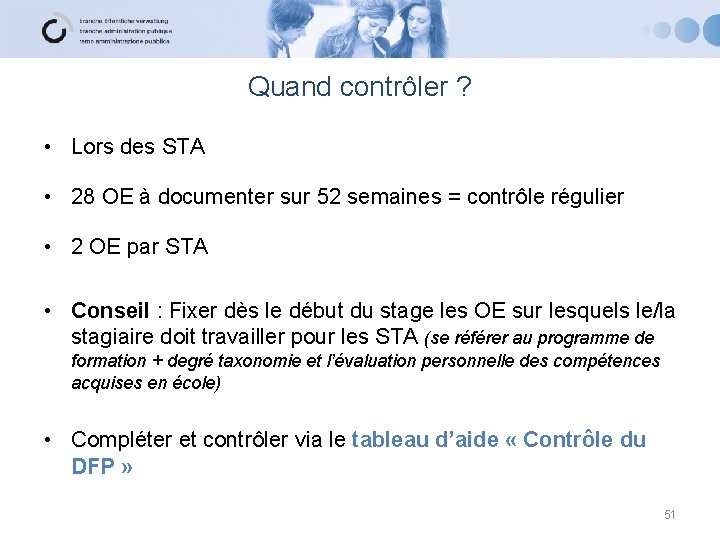 Quand contrôler ? • Lors des STA • 28 OE à documenter sur 52