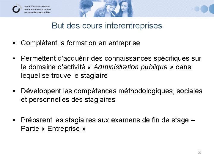 But des cours interentreprises • Complètent la formation en entreprise • Permettent d’acquérir des