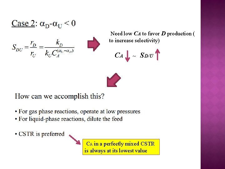 Need low CA to favor D production ( to increase selectivity) CA ~ SD/U