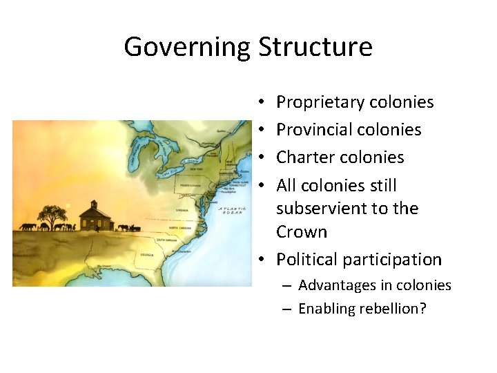 Governing Structure Proprietary colonies Provincial colonies Charter colonies All colonies still subservient to the