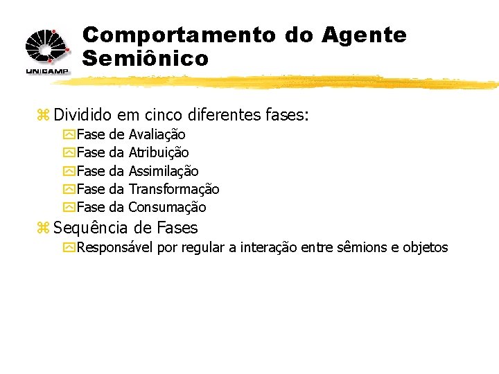 Comportamento do Agente Semiônico z Dividido em cinco diferentes fases: y Fase y Fase