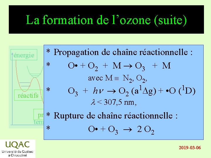 La formation de l’ozone (suite) énergie * Propagation de chaîne réactionnelle : * O