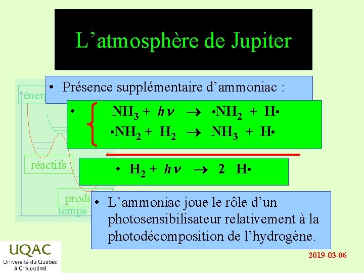 L’atmosphère de Jupiter • Présence supplémentaire d’ammoniac : énergie • réactifs NH 3 +