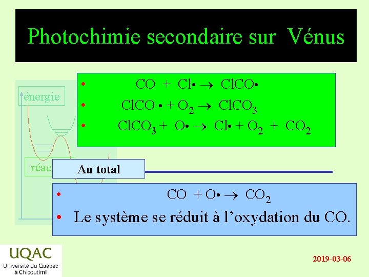 Photochimie secondaire sur Vénus énergie • CO + Cl • Cl. CO • •