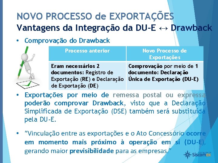 NOVO PROCESSO de EXPORTAÇÕES Vantagens da Integração da DU-E ↔ Drawback • Comprovação do