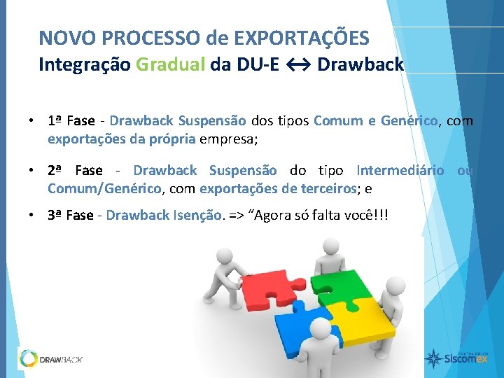 NOVO PROCESSO de EXPORTAÇÕES Integração Gradual da DU-E ↔ Drawback • 1ª Fase -