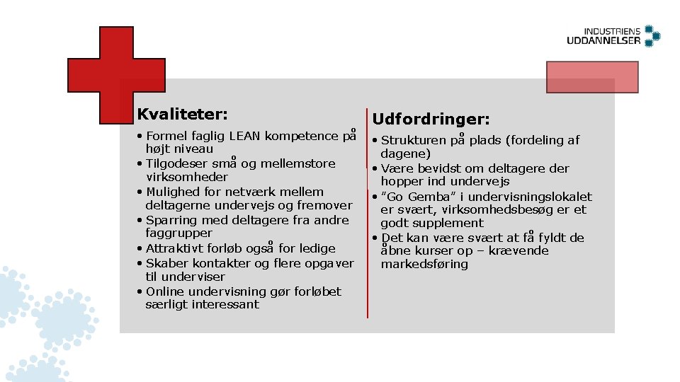 Fordele og ulemper Kvaliteter: • Formel faglig LEAN kompetence på højt niveau • Tilgodeser