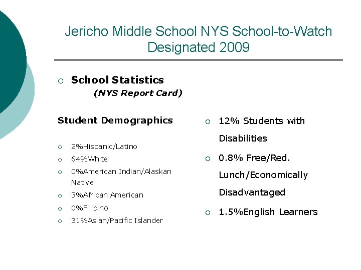 Jericho Middle School NYS School-to-Watch Designated 2009 ¡ School Statistics (NYS Report Card) Student