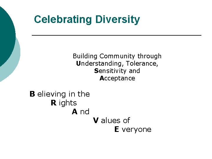 Celebrating Diversity Building Community through Understanding, Tolerance, Sensitivity and Acceptance B elieving in the