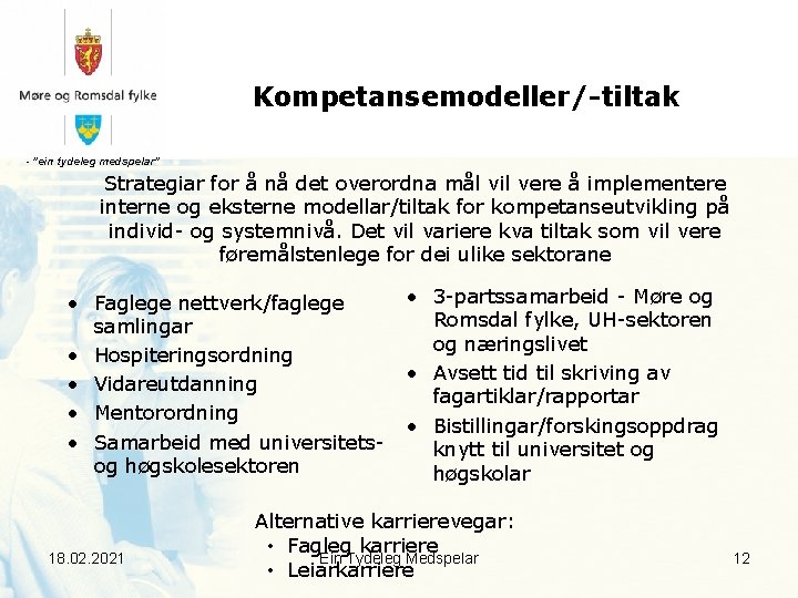 Kompetansemodeller/-tiltak - ”ein tydeleg medspelar” Strategiar for å nå det overordna mål vil vere