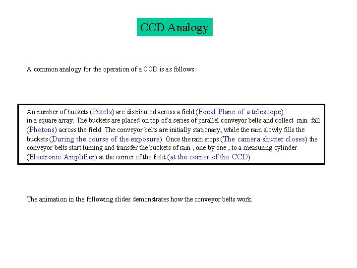 CCD Analogy A common analogy for the operation of a CCD is as follows: CCD Analogy A common analogy for the operation of a CCD is as follows: