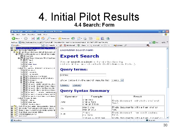 4. Initial Pilot Results 4. 4 Search: Form 30 