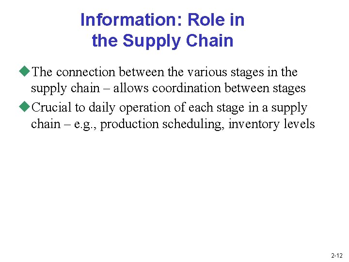 Information: Role in the Supply Chain u. The connection between the various stages in