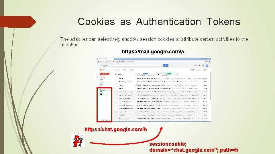 Cookies as Authentication Tokens The attacker can selectively shadow session cookies to attribute certain