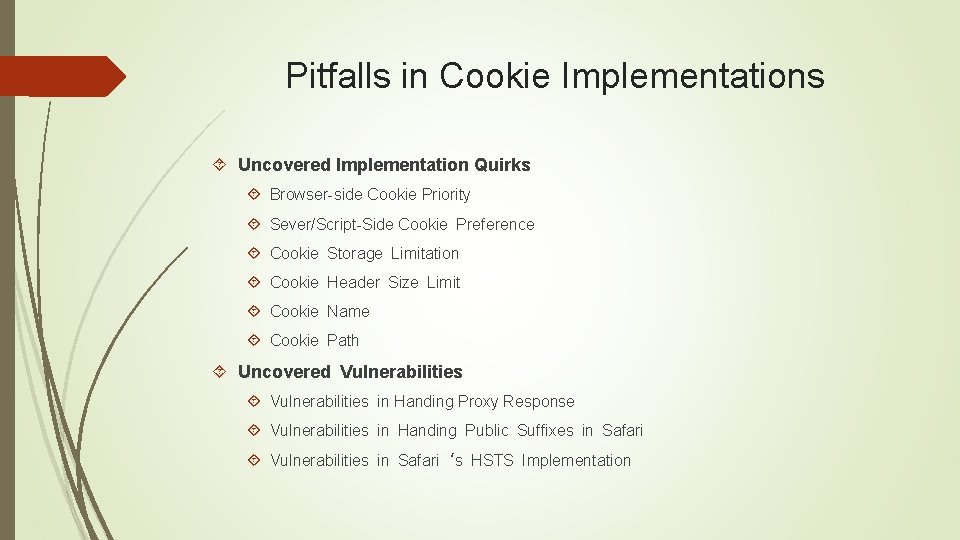 Pitfalls in Cookie Implementations Uncovered Implementation Quirks Browser-side Cookie Priority Sever/Script-Side Cookie Preference Cookie