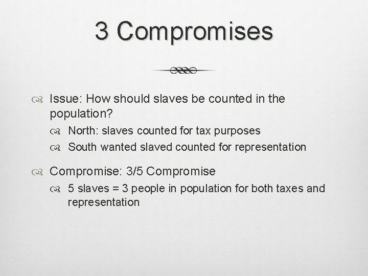 3 Compromises Issue: How should slaves be counted in the population? North: slaves counted