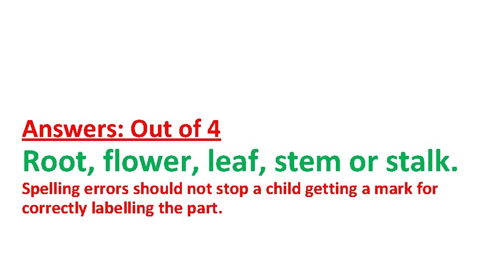 Answers: Out of 4 Root, flower, leaf, stem or stalk. Spelling errors should not