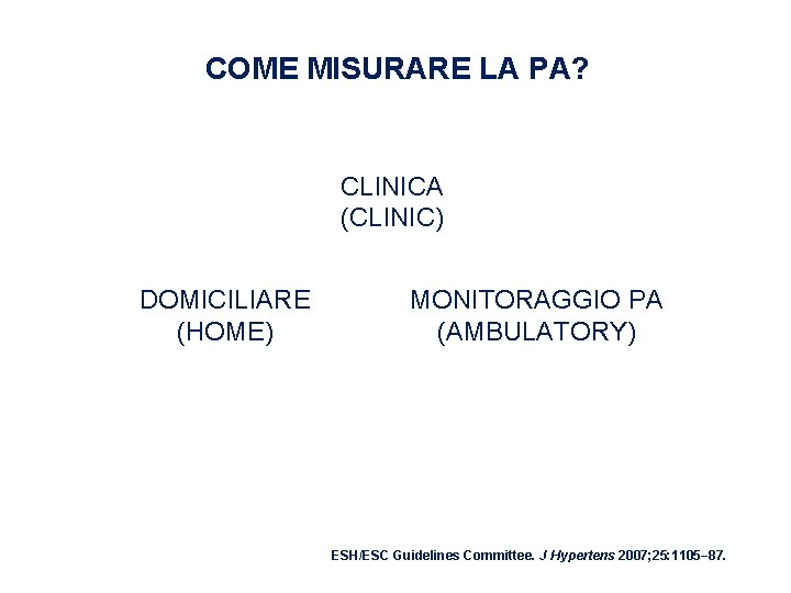 COME MISURARE LA PA? CLINICA (CLINIC) DOMICILIARE (HOME) MONITORAGGIO PA (AMBULATORY) ESH/ESC Guidelines Committee.