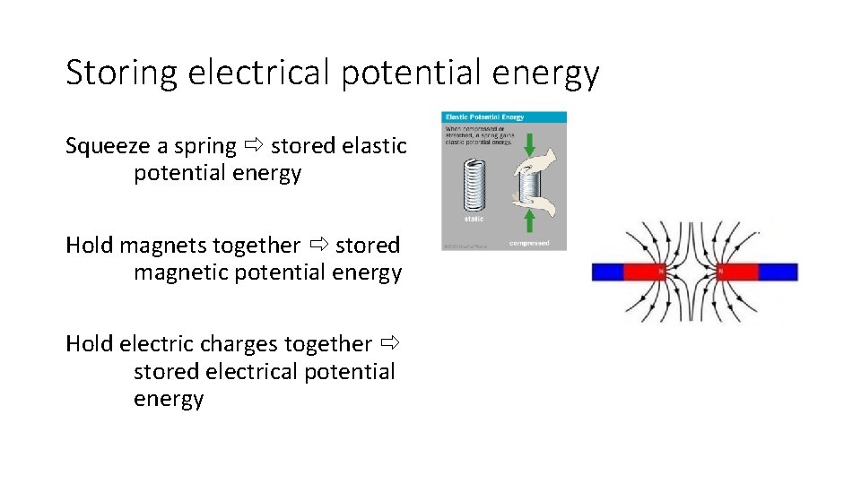 Storing electrical potential energy Squeeze a spring stored elastic potential energy Hold magnets together