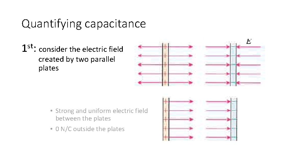 Quantifying capacitance 1 st: consider the electric field created by two parallel plates •